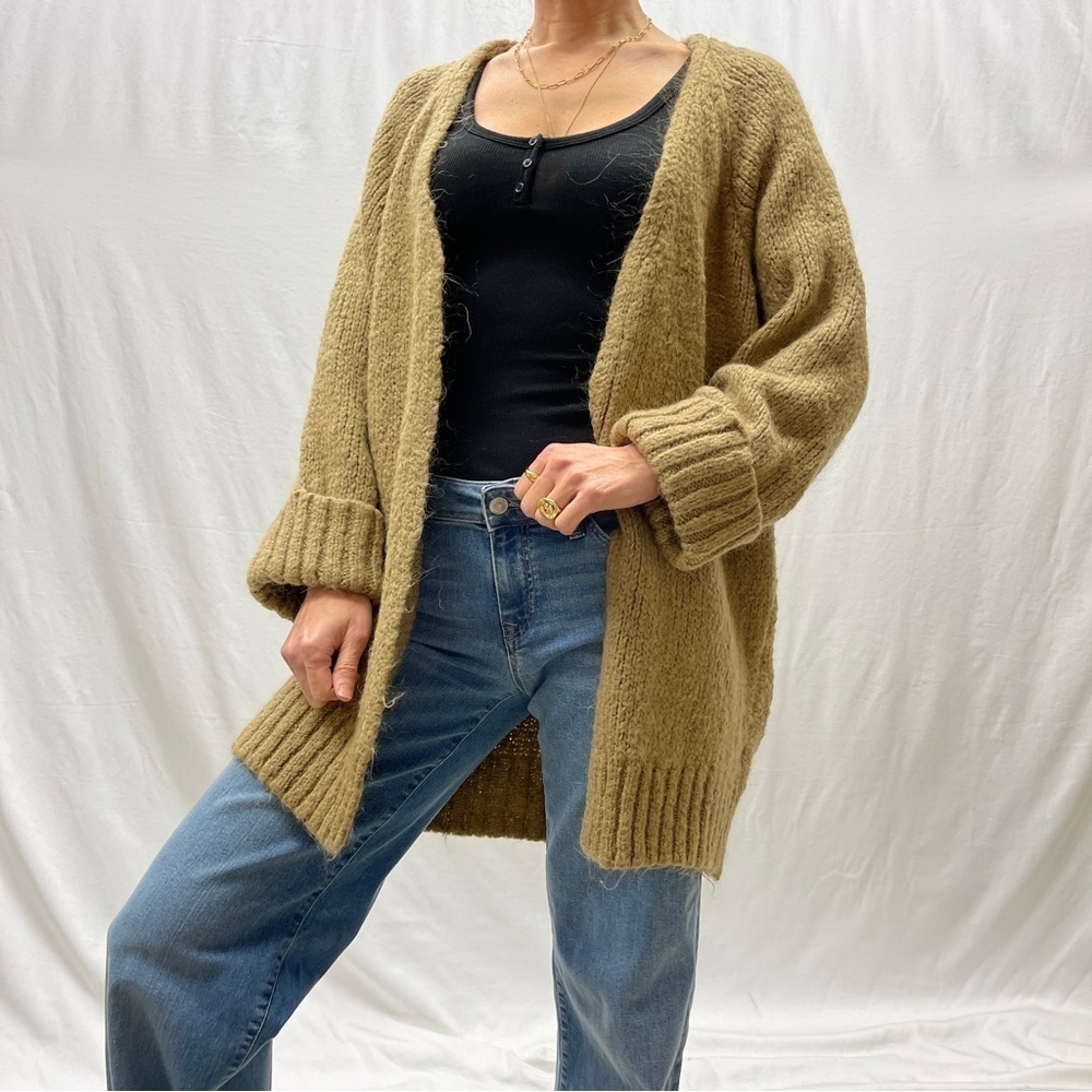 Zara oversized knit cardigan Size S tan ribbed trim